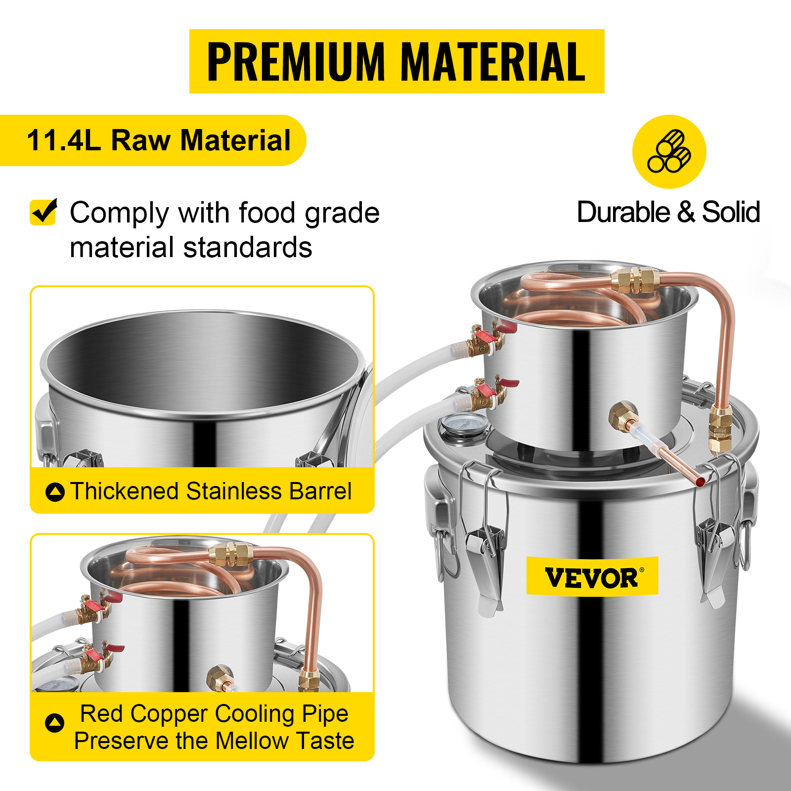 VEVOR distiller kit with thickened stainless barrel and red copper cooling pipe.