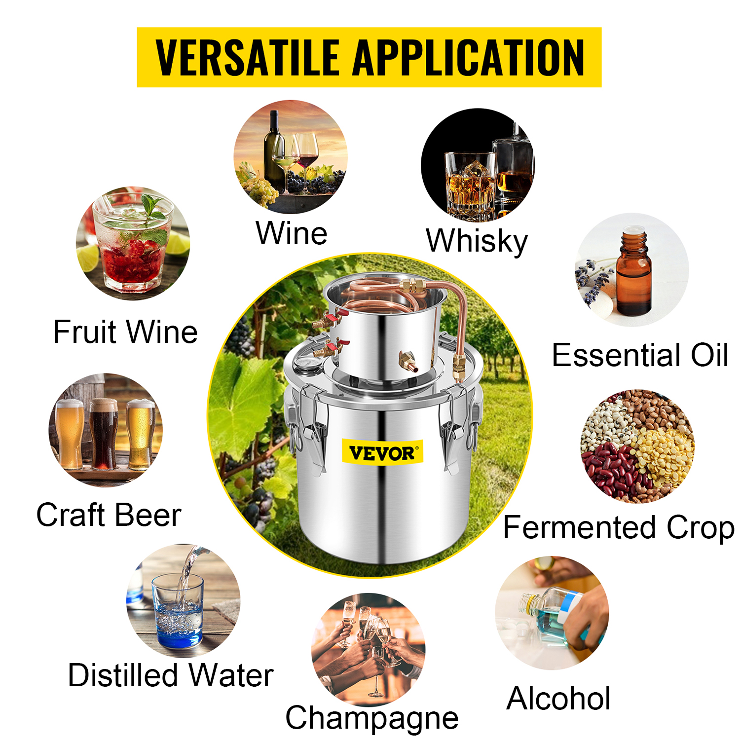 VEVOR distiller kit with versatile application for wine, whisky, beer, oil, and more.