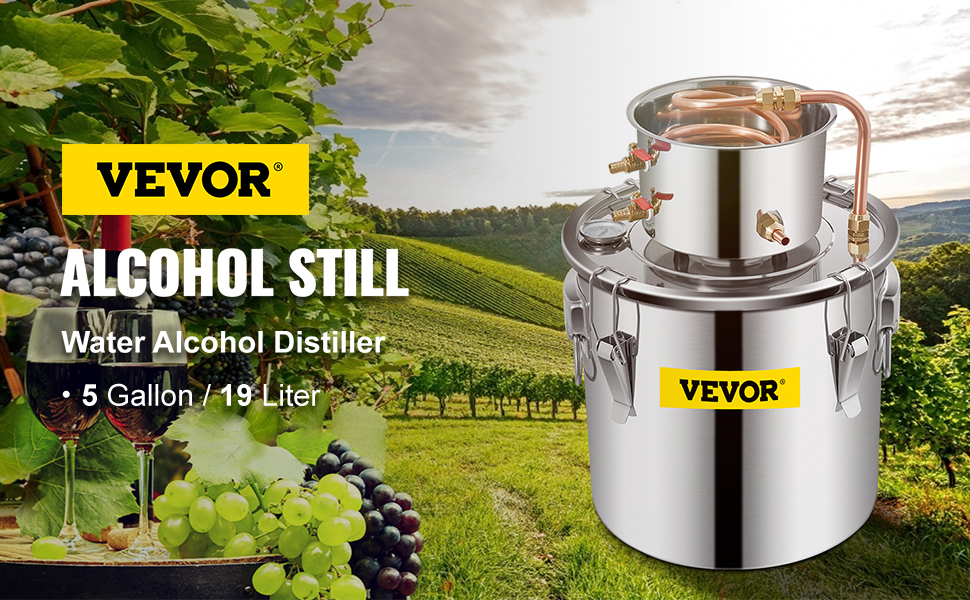 VEVOR moonshine still, 5-gallon water alcohol distiller with vineyard background.