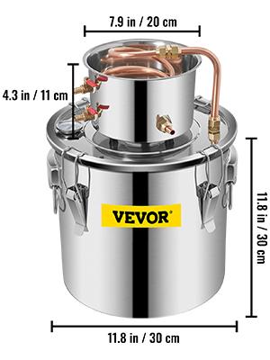 VEVOR moonshine still with dimensions: 30 cm by 30 cm base, 20 cm pot diameter.