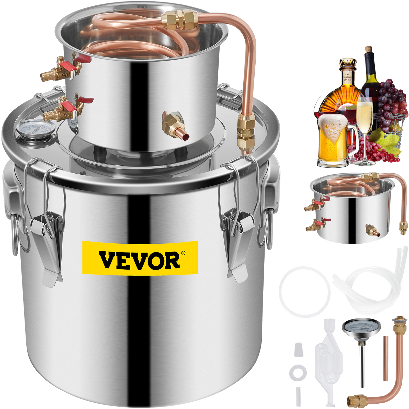 VEVOR moonshine still with accessories, copper coils, and thermometer.
