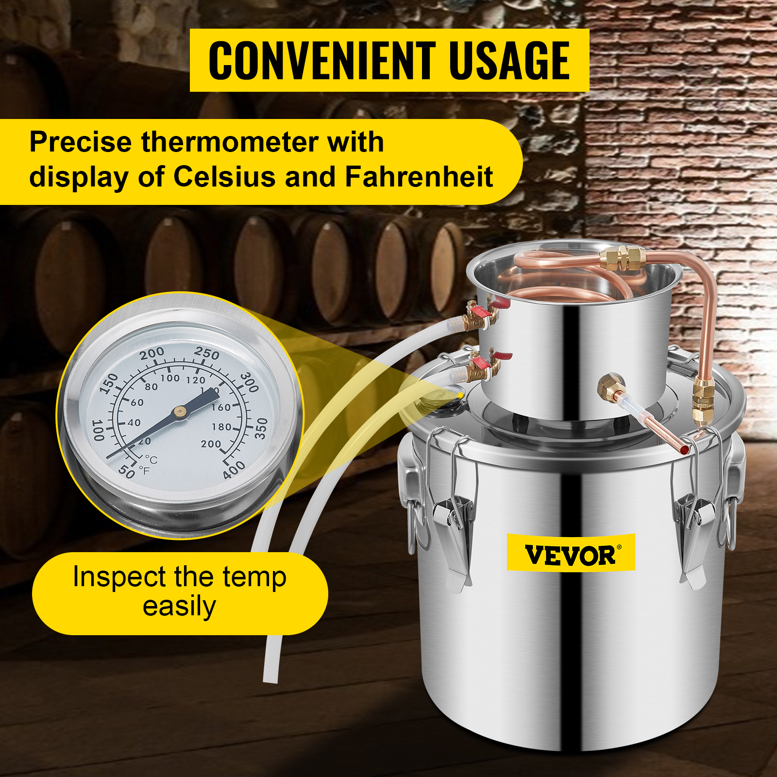 VEVOR moonshine still with precise thermometer in barrel room background.