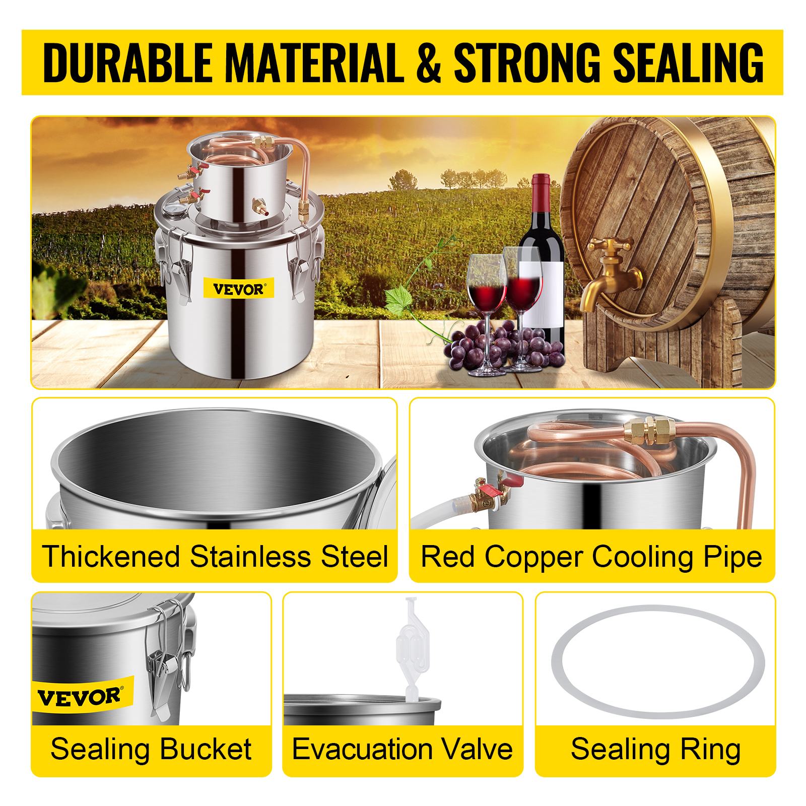 VEVOR moonshine still featuring stainless steel, copper cooling pipe, and sealing components.