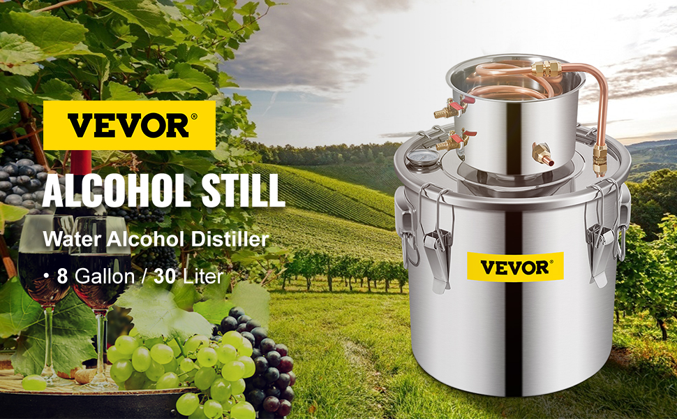 VEVOR moonshine still in vineyard, displaying an 8-gallon water alcohol distiller.