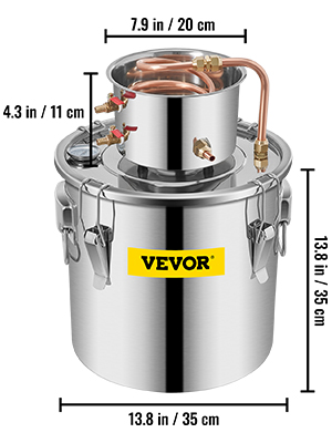 VEVOR moonshine still stainless steel with copper tubes and measurements.