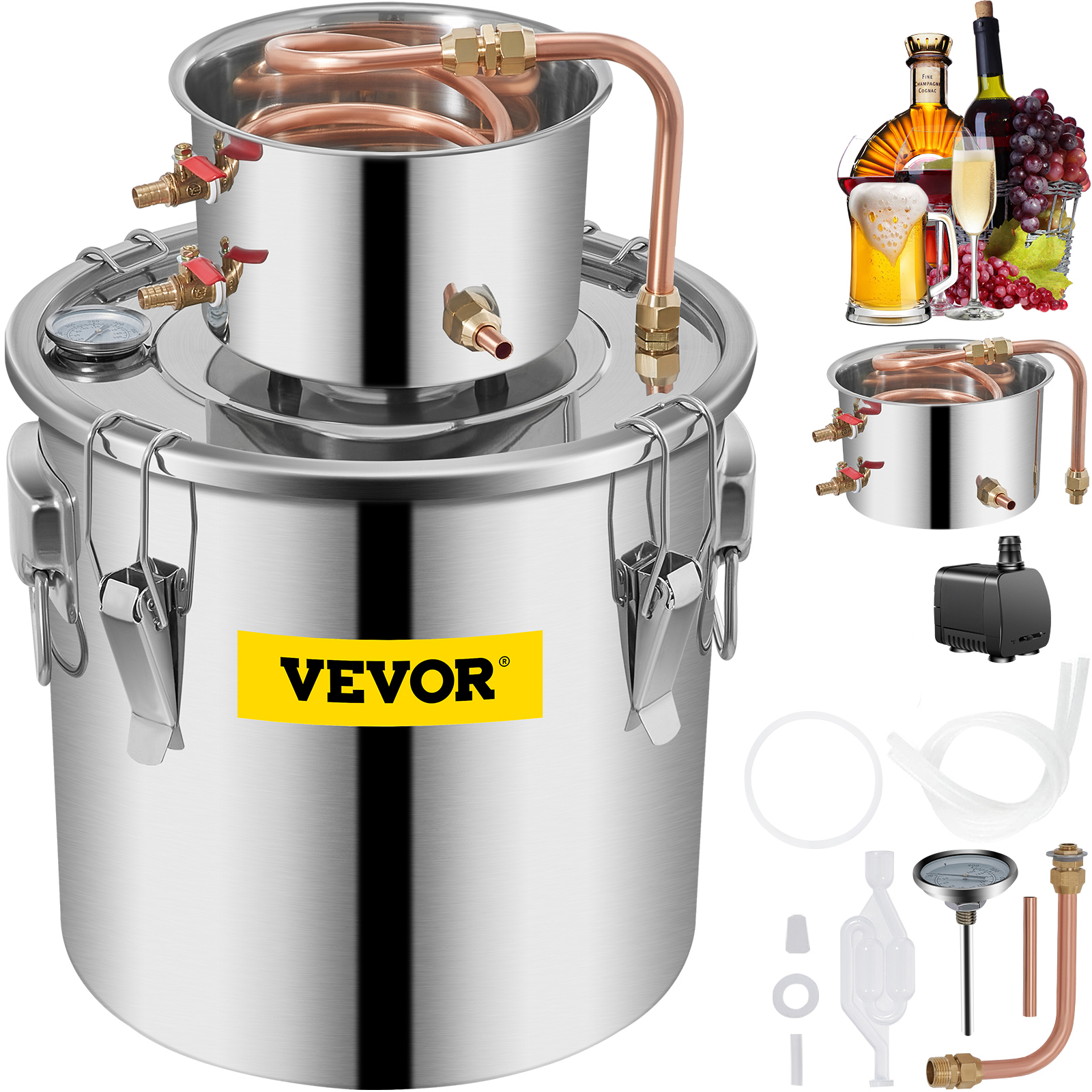 VEVOR moonshine still stainless steel distiller with copper tubes and accessories.