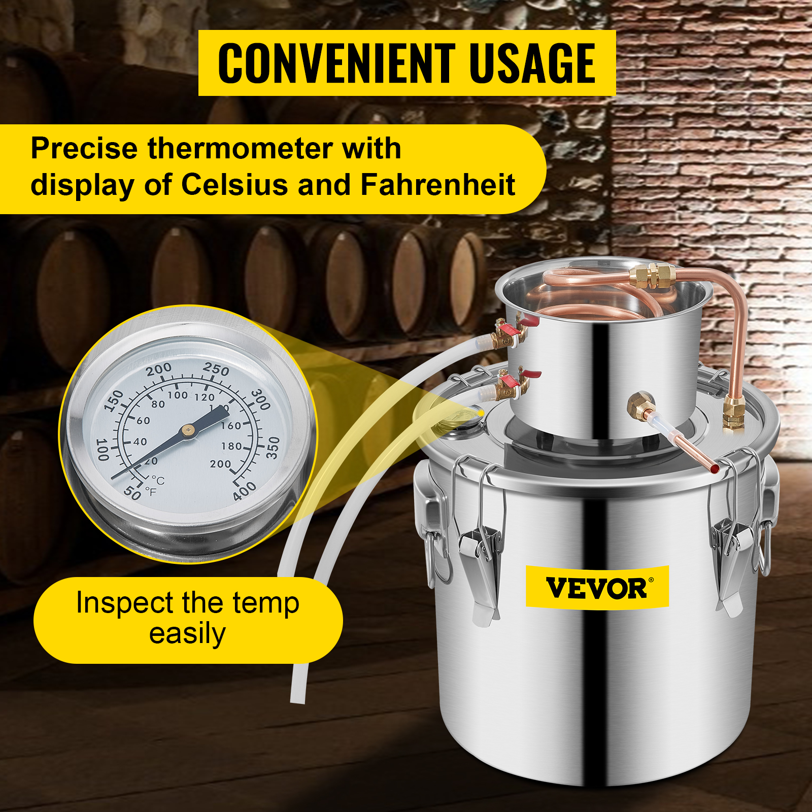 VEVOR moonshine still with precise thermometer for celsius and fahrenheit readings.