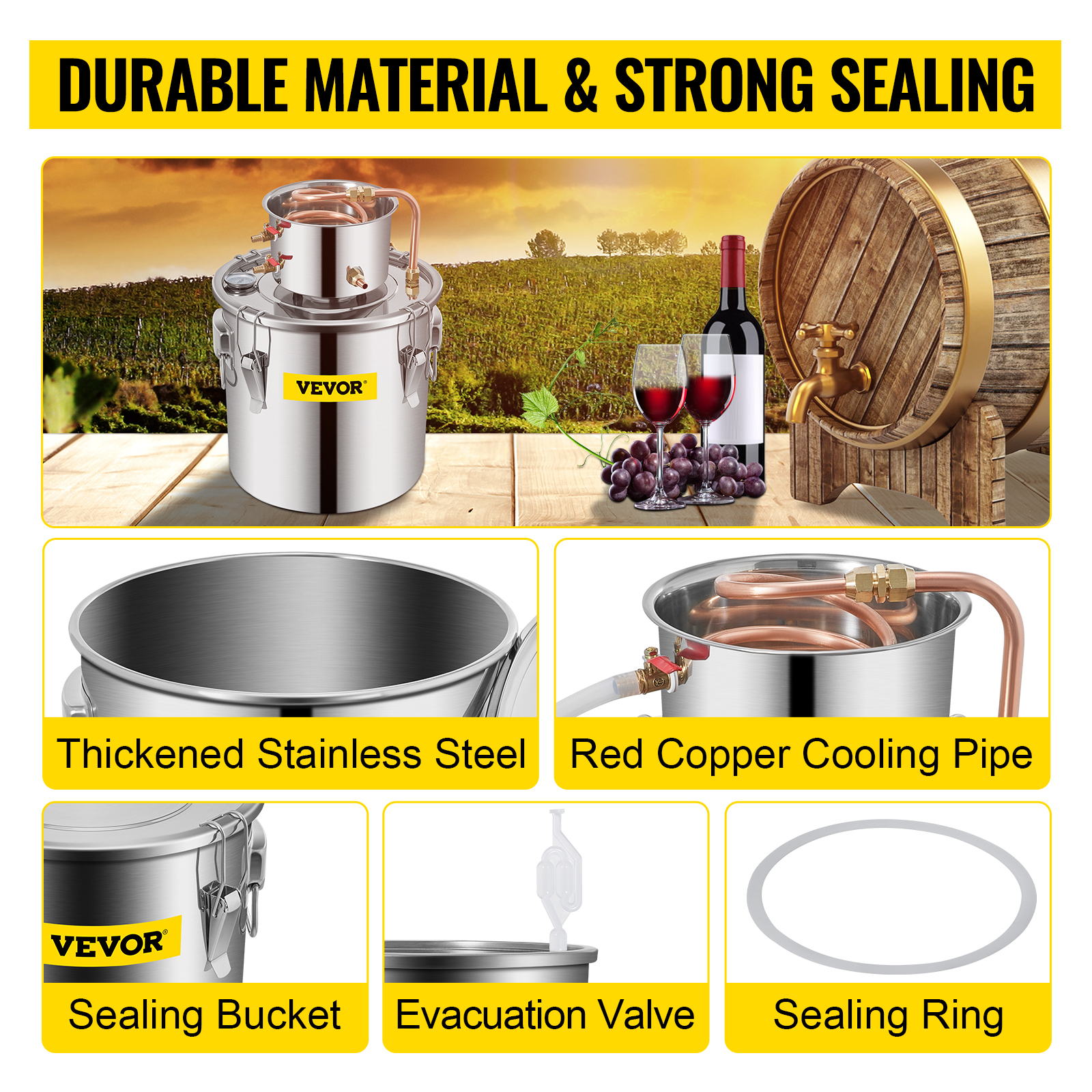 VEVOR moonshine still: stainless steel pot, red copper cooling pipe, wine barrel, and accessories.