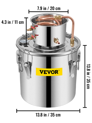 VEVOR spirta destilators ar nerūsējošā tērauda korpusu, kura izmēri ir 13,8x7,9x4,3 collas.