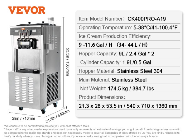 VEVOR commercial ice cream machine, model ck400pro-a19, 2 hoppers, stainless steel, 53.5in high.