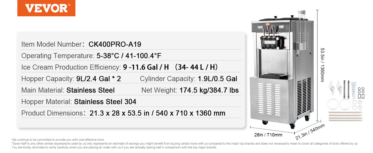 VEVOR commercial ice cream machine, model ck400pro-a19, 2 hoppers, stainless steel, 53.5in high.