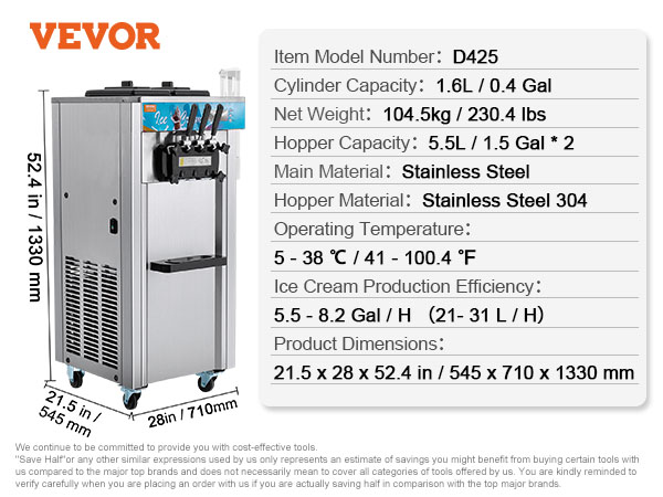 VEVOR ice cream machine d425, 5.5-8.2 gal/h, stainless steel, 52.4in height, 21.5x28in base.