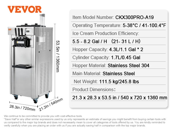 VEVOR commercial ice cream machine with stainless steel, 5.5-8.2 gal/h, 21.3x28.3x53.5 in.
