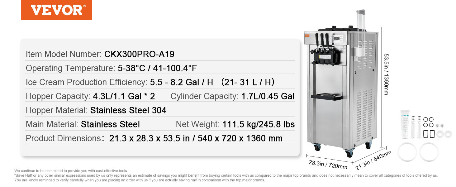 VEVOR commercial ice cream machine with stainless steel, 5.5-8.2 gal/h, 21.3x28.3x53.5 in.