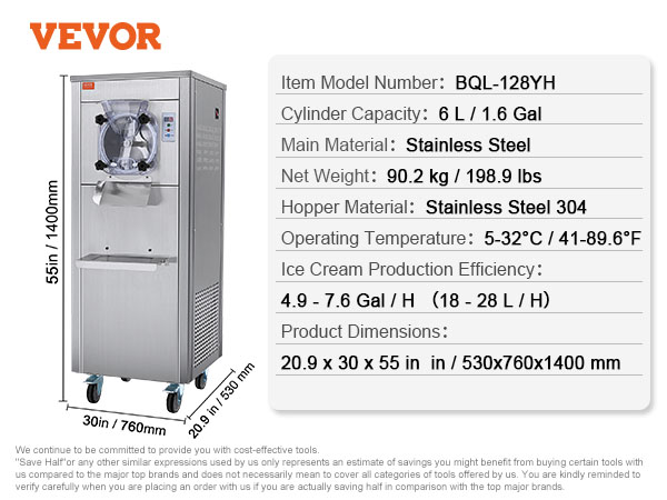 VEVOR commercial ice cream machine bql-128yh, 6l capacity, stainless steel, 90.2 kg, 55in height.