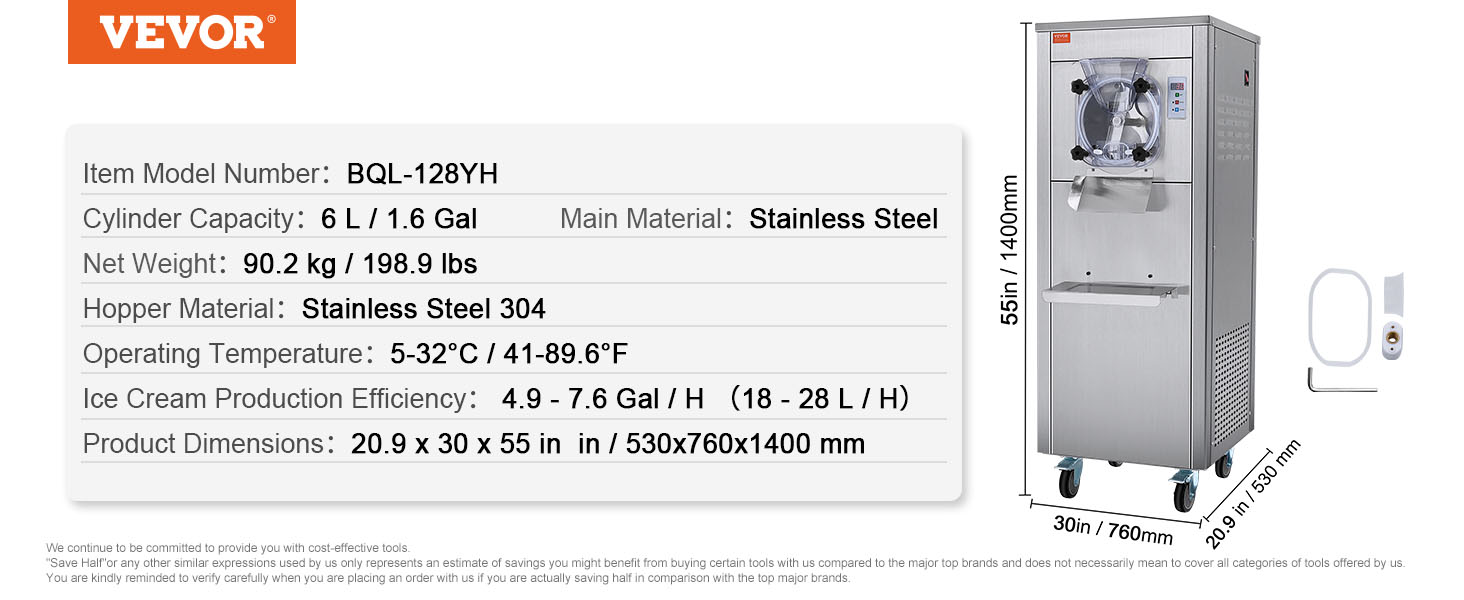 VEVOR commercial ice cream machine bql-128yh, 6l capacity, stainless steel, 90.2 kg, 55in height.