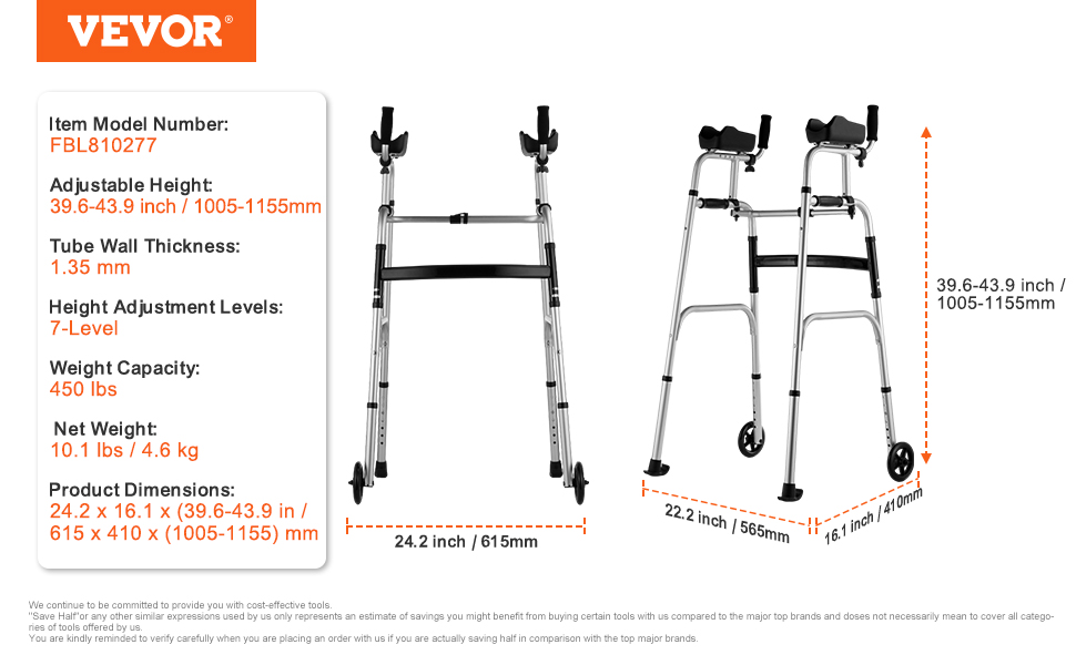 VEVOR folding walker with adjustable height, 7-level adjustment, 450 lbs capacity, dimensions detailed.