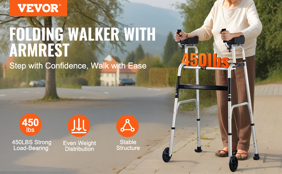 VEVOR folding walker with armrest, 450lbs load-bearing, even weight distribution, stable structure