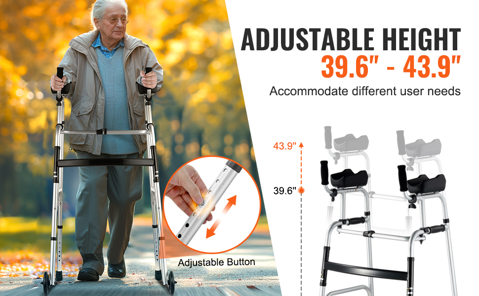 VEVOR folding walker with adjustable height, 39.6"-43.9", accommodating various user needs on a forest path.