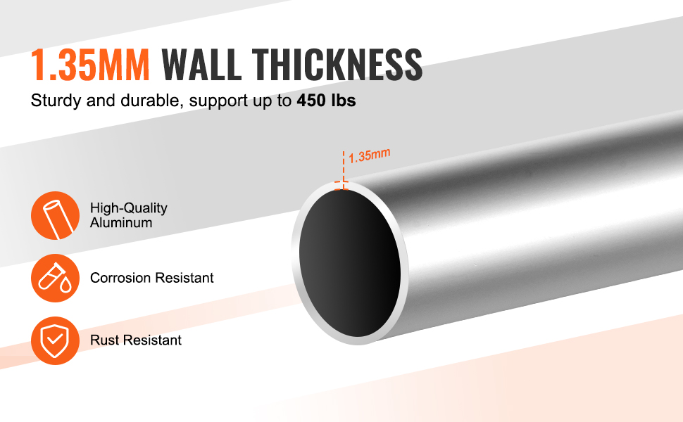 1.35mm wall thickness, high-quality aluminum, corrosion and rust resistant, supports up to 450 lbs.