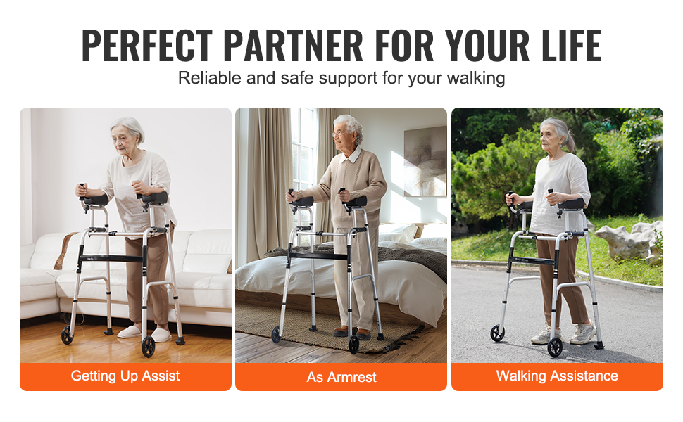 senior person using VEVOR folding walker for getting up assist, armrest, and walking assistance.
