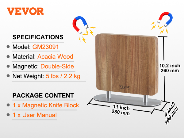 VEVOR magnetic knife block with acacia wood, double-side magnetic, model gm23091, 5 lbs, 260 mm high.