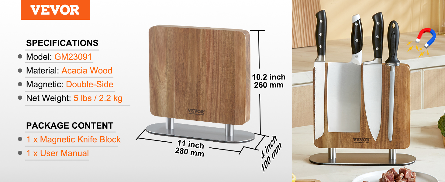 VEVOR magnetic knife block with acacia wood, double-side magnetic, model gm23091, 5 lbs, 260 mm high.