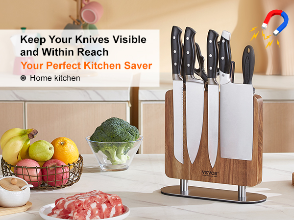 VEVOR magnetic knife block on a kitchen counter with fresh fruits, vegetables, and kitchen tools.