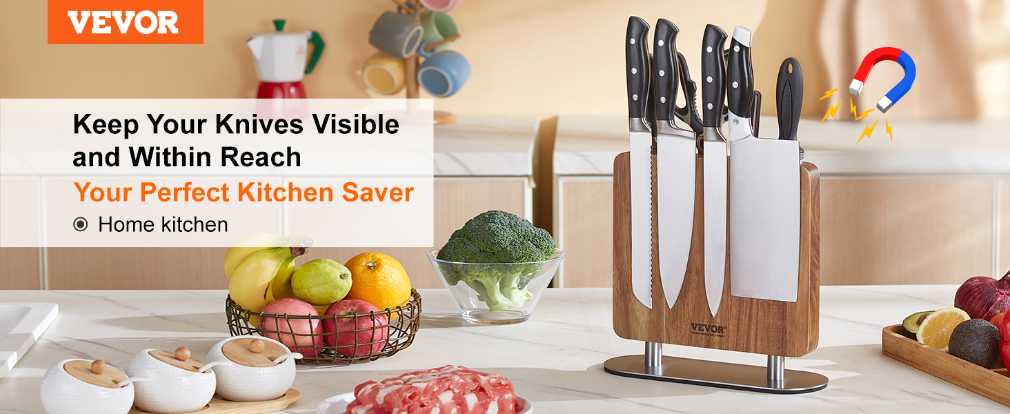 VEVOR magnetic knife block on a kitchen counter with fresh fruits, vegetables, and kitchen tools.