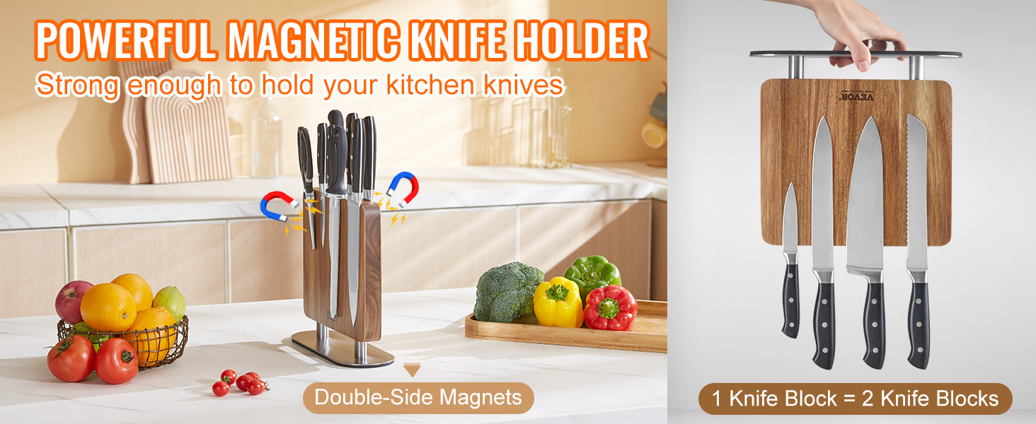 powerful VEVOR magnetic knife block for secure knife storage, double-side magnets, and modern kitchen design.