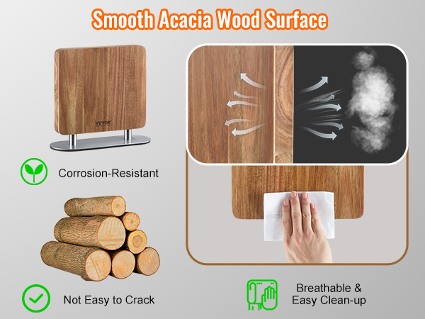 smooth acacia wood surface of the VEVOR magnetic knife block; corrosion-resistant and easy to clean.