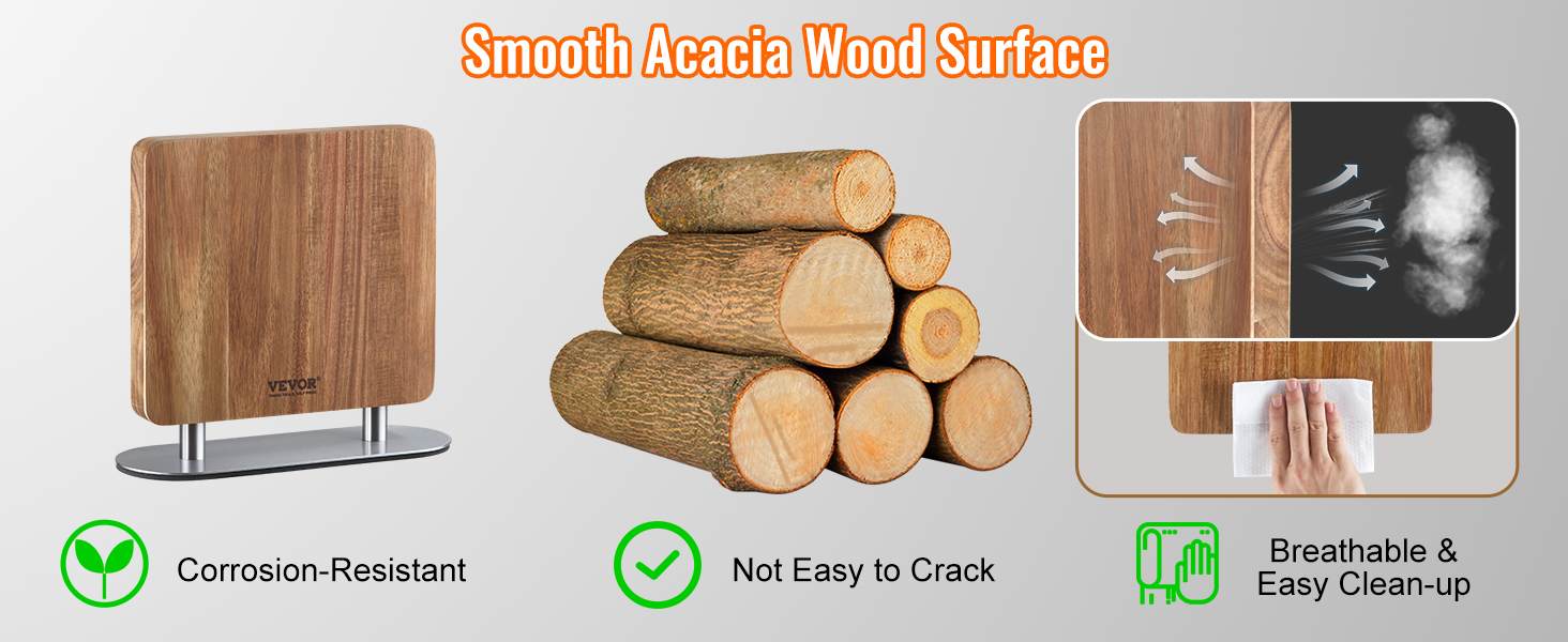 smooth acacia wood surface of the VEVOR magnetic knife block; corrosion-resistant and easy to clean.