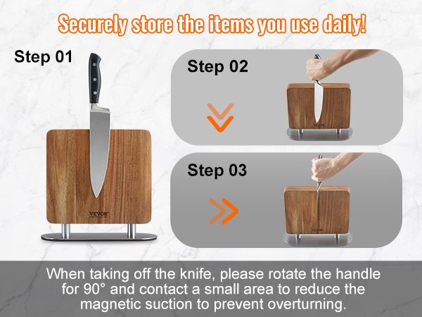 steps to use the VEVOR magnetic knife block with wooden design, showcasing secure knife storage.