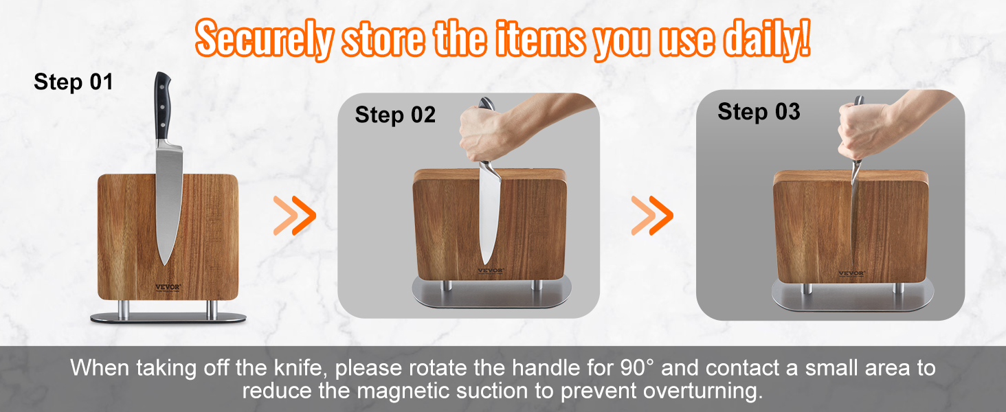 steps to use the VEVOR magnetic knife block with wooden design, showcasing secure knife storage.