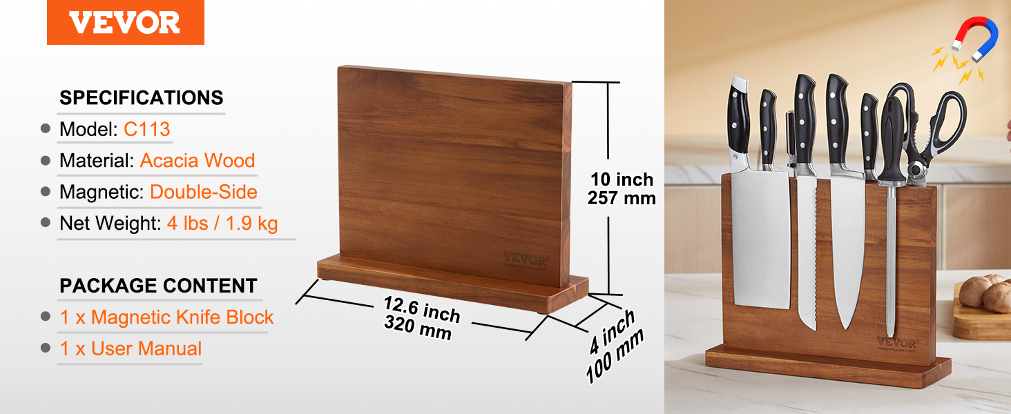 VEVOR magnetic knife block made from acacia wood, double-sided, with various knives and tools stored.