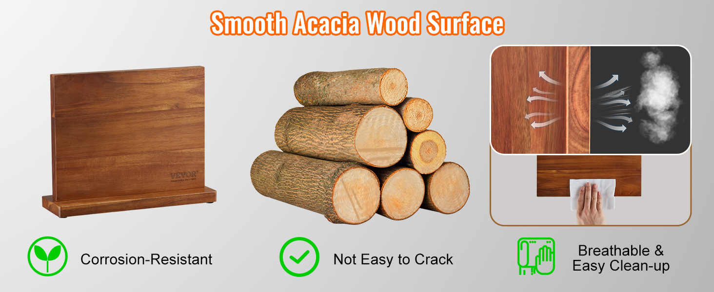 VEVOR magnetic knife block made from smooth acacia wood, corrosion-resistant, not easy to crack, easy cleanup.