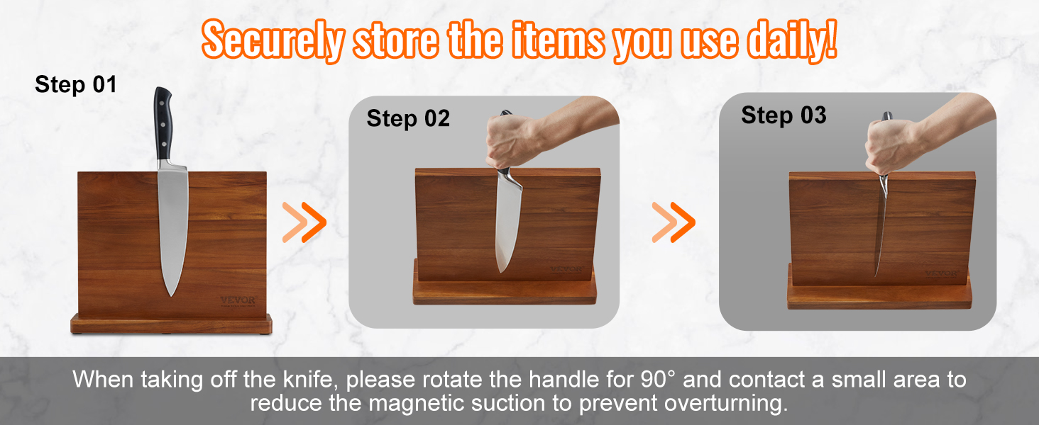 steps to use the VEVOR magnetic knife block: insert knife, rotate handle, remove knife safely.