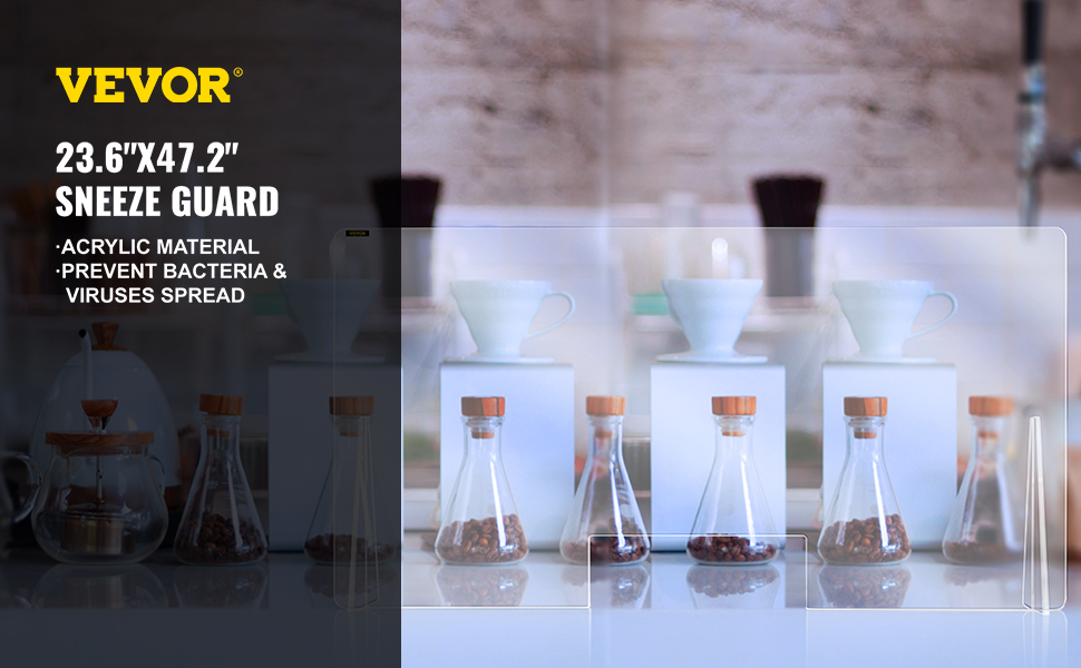 VEVOR acrylic sneeze guard 23.6" x 47.2" protecting coffee shop counter with jars and cups.