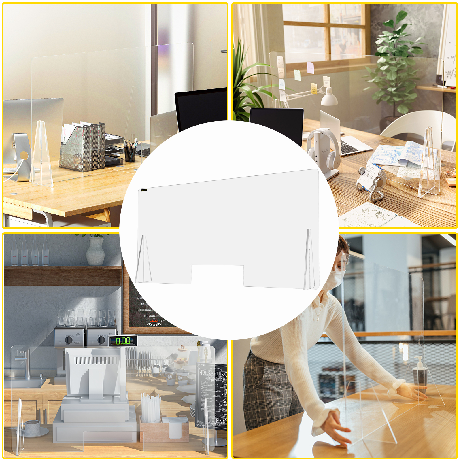 VEVOR acrylic sneeze guard in office, restaurant, and retail settings for protection.