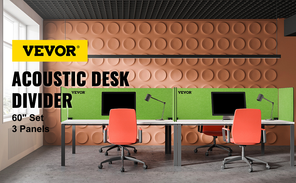 office setup with VEVOR desk divider, green acoustic panels, orange chairs, and computers.