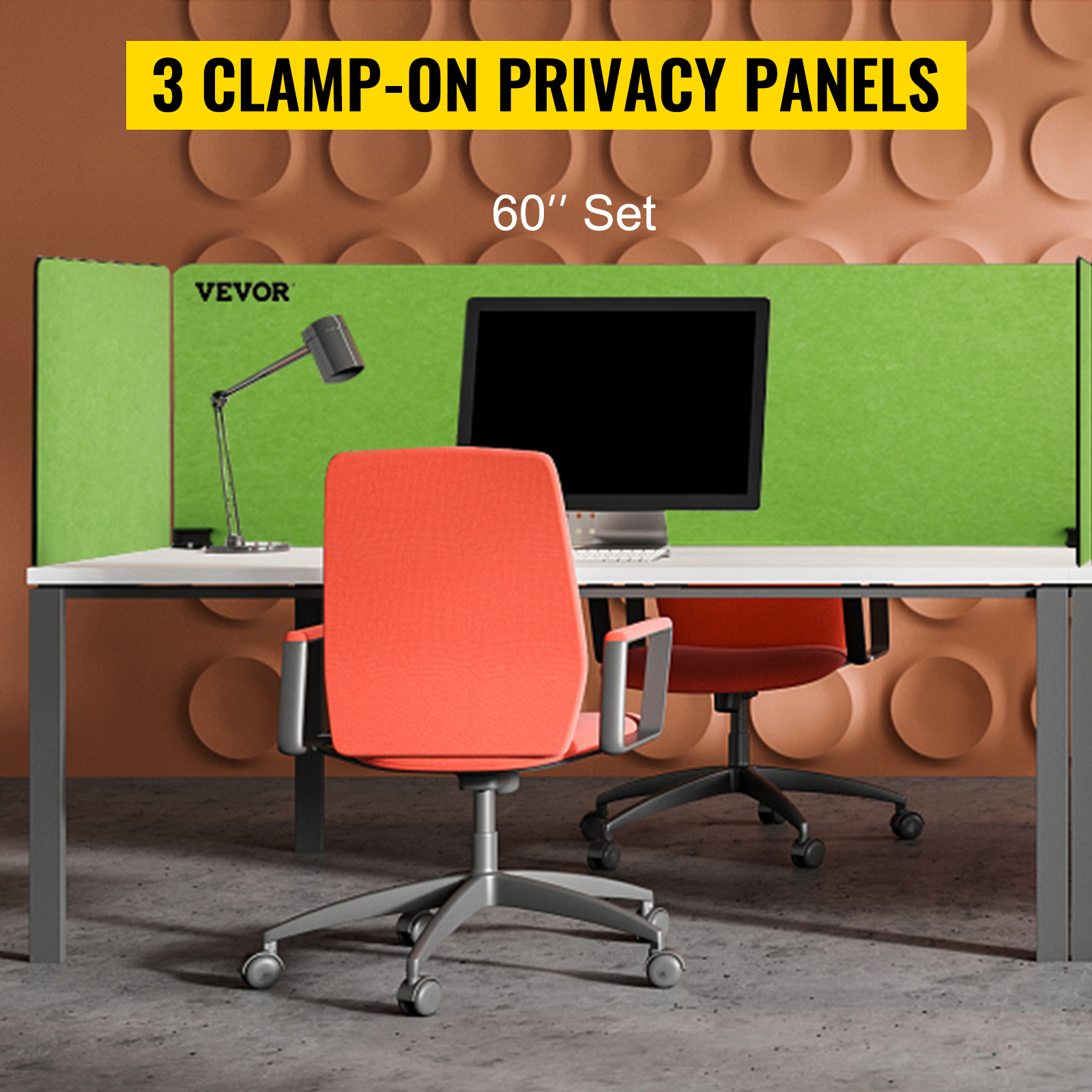 VEVOR desk divider, 3 clamp-on privacy panels on a modern desk with an orange chair.