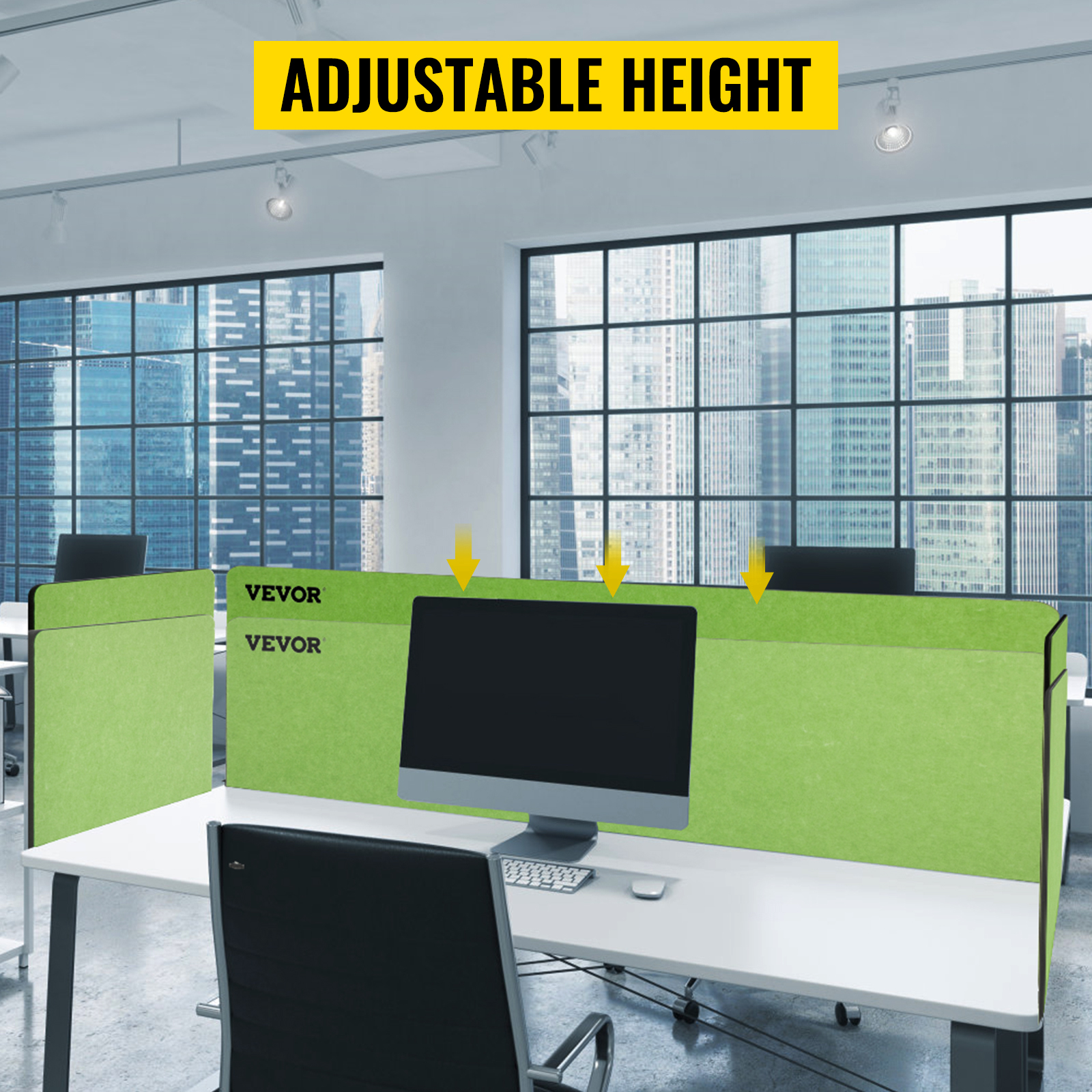 VEVOR desk divider in a modern office with adjustable height and green panels.