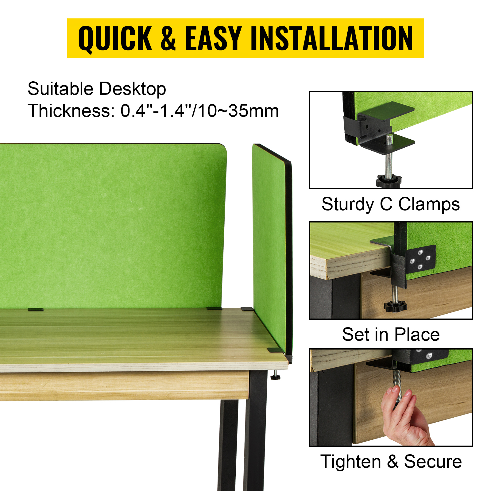 VEVOR desk divider with green panel, sturdy c clamps, easy installation process.