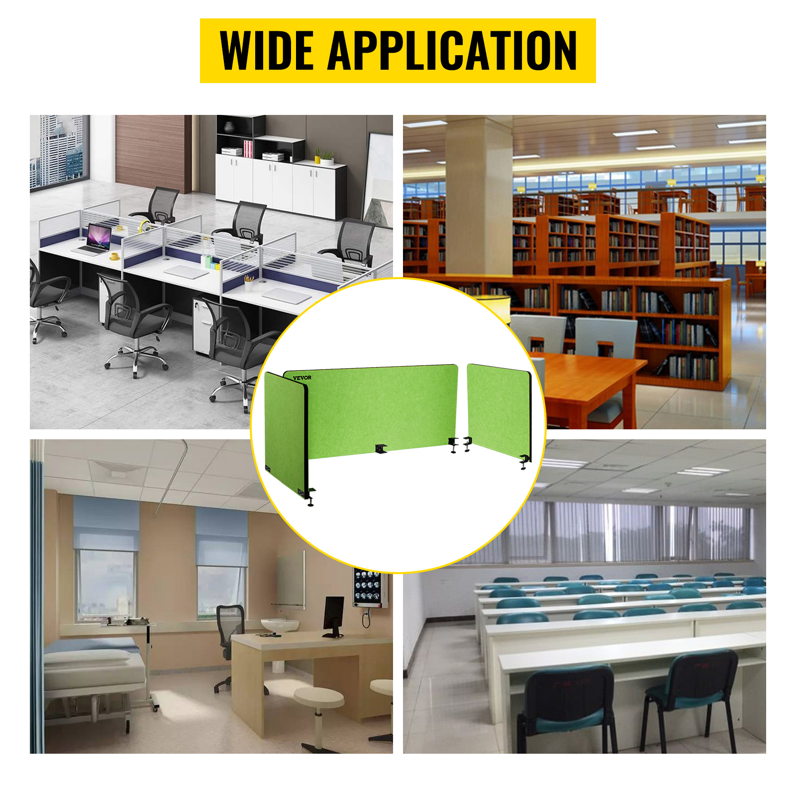 wide application of VEVOR desk divider in office, library, healthcare, and classroom settings.