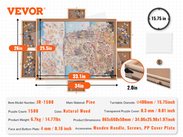 VEVOR puzzle board with 1500-piece capacity, natural wood, 34x25.98x1.97 inches, with storage drawers.