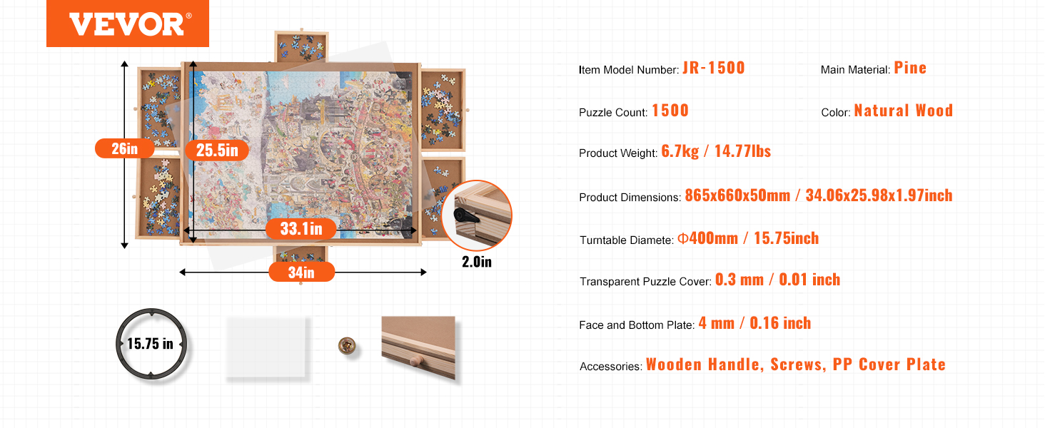 VEVOR puzzle board with 1500-piece capacity, natural wood, 34x25.98x1.97 inches, with storage drawers.