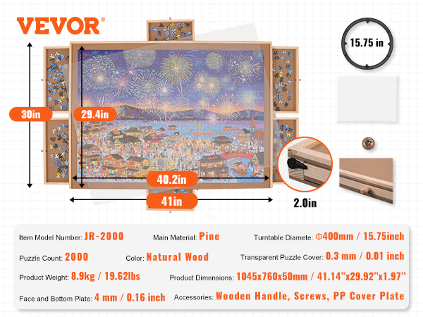 VEVOR puzzle board with 2000-piece capacity, pine wood, 41.14"x29.92", 8.9kg, transparent cover.