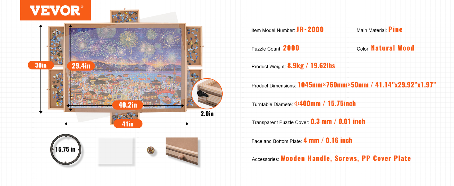VEVOR puzzle board with 2000-piece capacity, pine wood, 41.14"x29.92", 8.9kg, transparent cover.