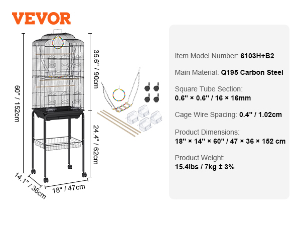 VEVOR flight bird cage 60" tall, q195 carbon steel, wire spacing 0.4", includes accessories.