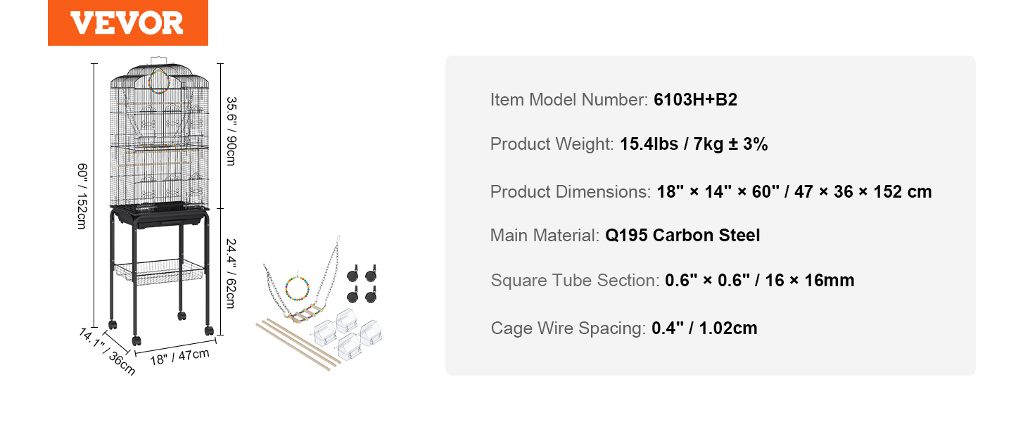 VEVOR flight bird cage 60" tall, q195 carbon steel, wire spacing 0.4", includes accessories.